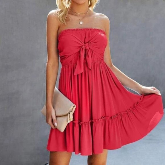 boho Tie Front Ruffle Hem Tube Dress